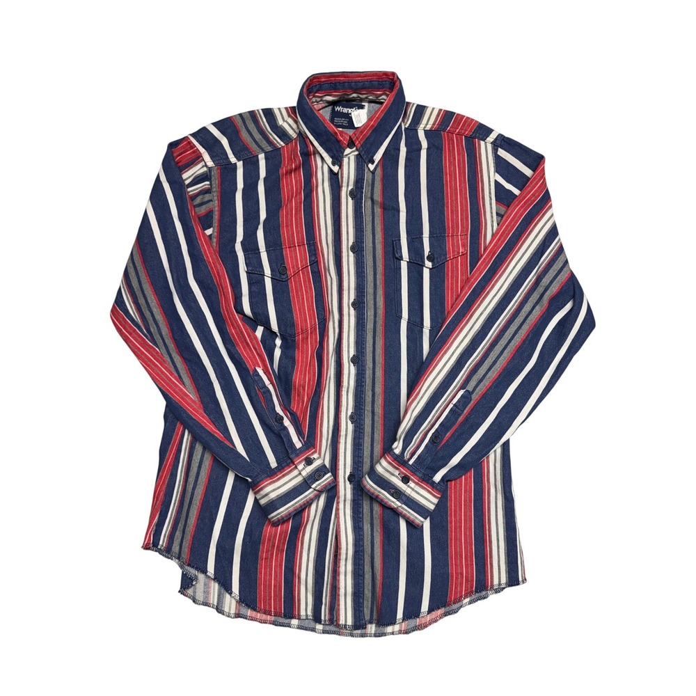 Vintage USA Wrangler Brushpopper 16-34 Western Red White Blue Striped Shirt